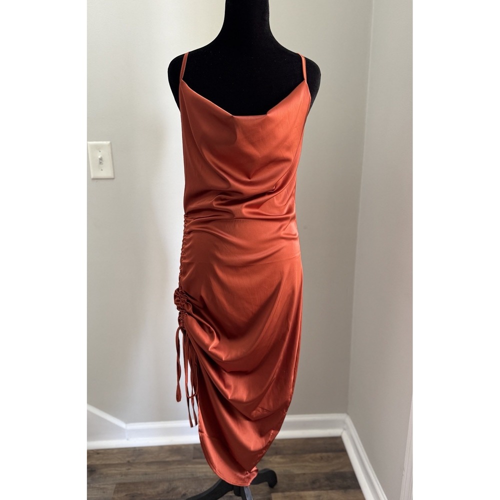 Satin Spaghetti Strap Cowl Neck Ruch Cocktail Midi Dress Medium Coquette